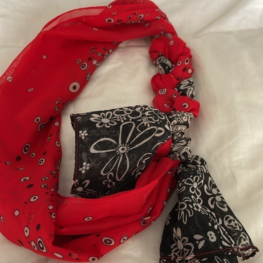 Beautiful Red|Black|Cream | Floral Neck /Hair Scarf | Polyester| 18.5” X 57 “ - Picture 11 of 12